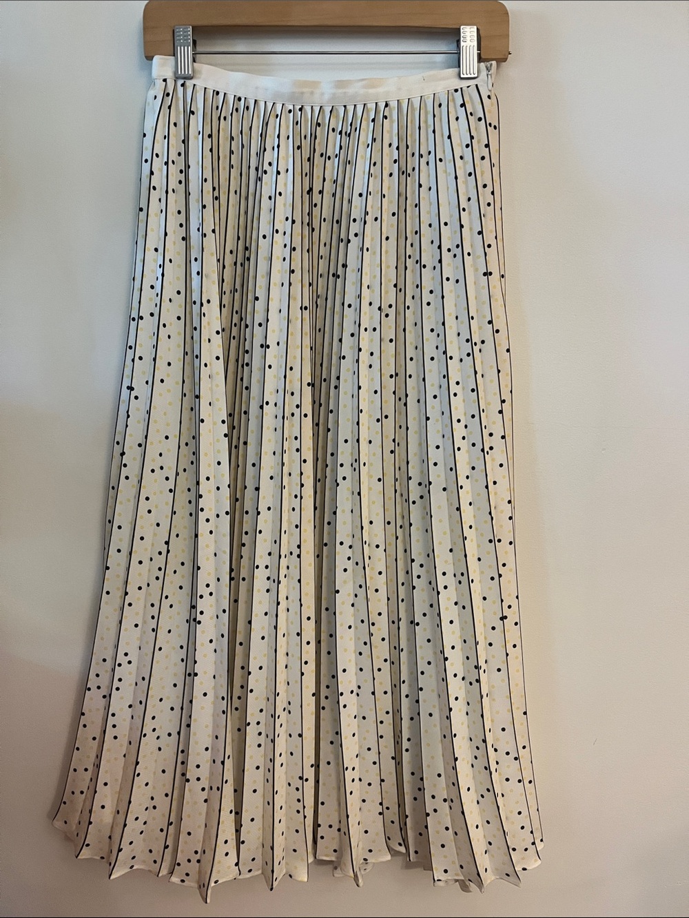 Massimo Dutti Cream Pleated Maxi Skirt with Black and Yellow Polka Dots